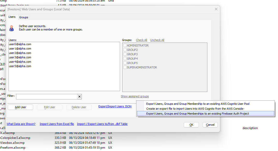 Export dialog/options for Firebase export.